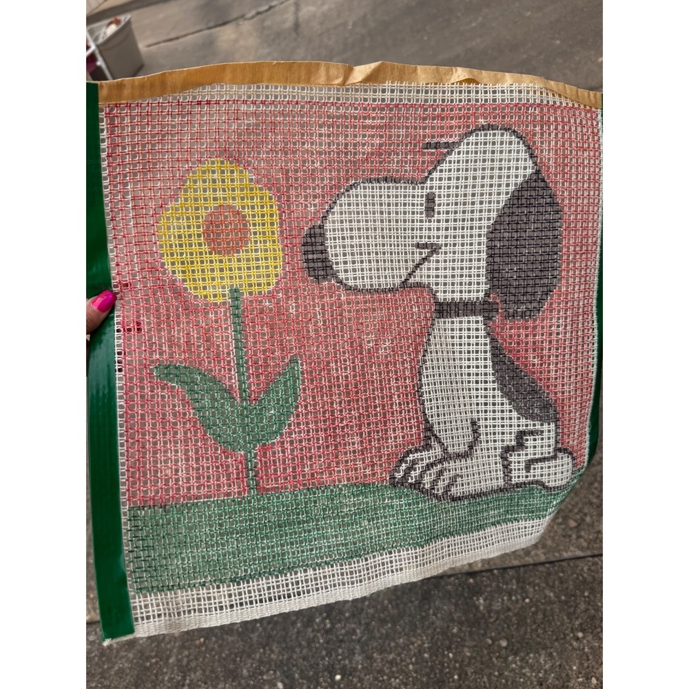 Vintage Snoopy Peanuts Hand Painted Needlepoint Canvas Flower Pink DIY Craft